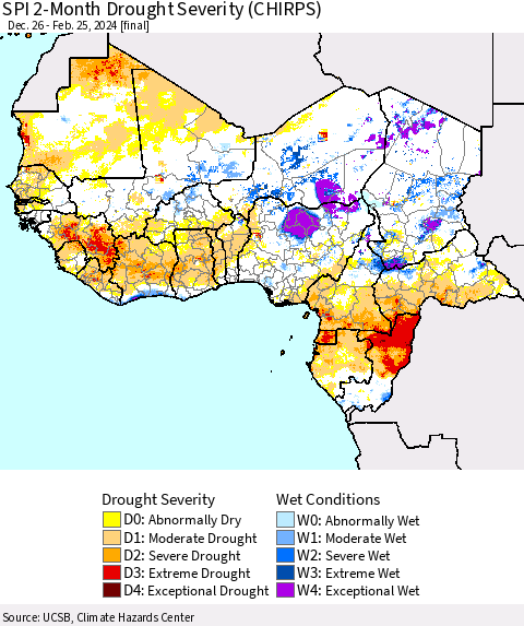 Western Africa SPI 2-Month Drought Severity (CHIRPS) Thematic Map For 12/26/2023 - 2/25/2024