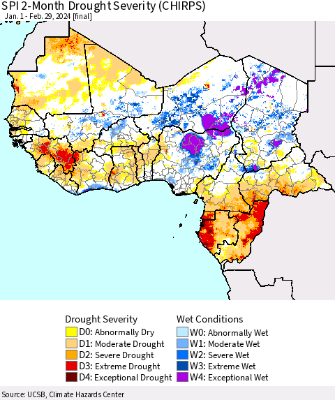 Western Africa SPI 2-Month Drought Severity (CHIRPS) Thematic Map For 1/1/2024 - 2/29/2024