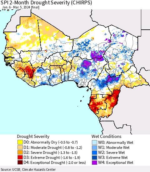 Western Africa SPI 2-Month Drought Severity (CHIRPS) Thematic Map For 1/6/2024 - 3/5/2024