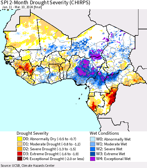 Western Africa SPI 2-Month Drought Severity (CHIRPS) Thematic Map For 1/11/2024 - 3/10/2024