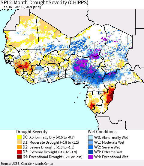 Western Africa SPI 2-Month Drought Severity (CHIRPS) Thematic Map For 1/16/2024 - 3/15/2024