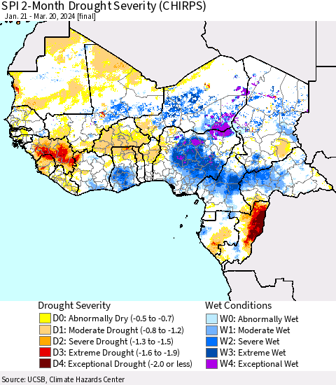 Western Africa SPI 2-Month Drought Severity (CHIRPS) Thematic Map For 1/21/2024 - 3/20/2024