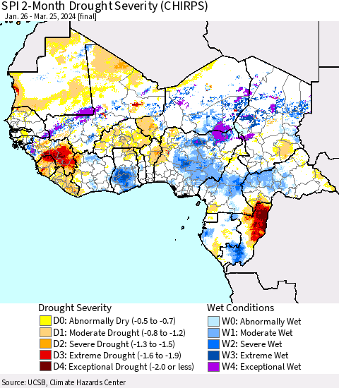 Western Africa SPI 2-Month Drought Severity (CHIRPS) Thematic Map For 1/26/2024 - 3/25/2024