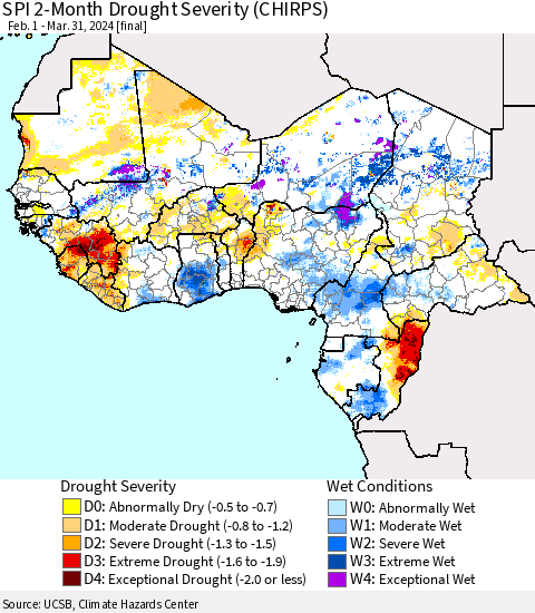 Western Africa SPI 2-Month Drought Severity (CHIRPS) Thematic Map For 2/1/2024 - 3/31/2024