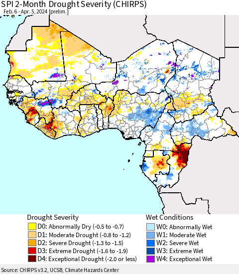 Western Africa SPI 2-Month Drought Severity (CHIRPS) Thematic Map For 2/6/2024 - 4/5/2024