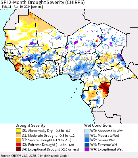 Western Africa SPI 2-Month Drought Severity (CHIRPS) Thematic Map For 2/11/2024 - 4/10/2024