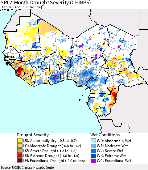 Western Africa SPI 2-Month Drought Severity (CHIRPS) Thematic Map For 2/16/2024 - 4/15/2024