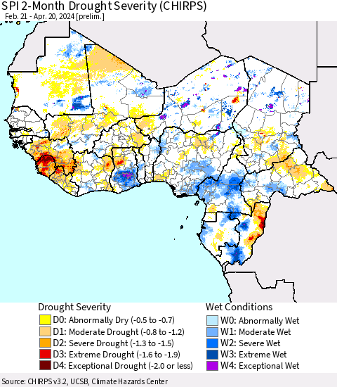 Western Africa SPI 2-Month Drought Severity (CHIRPS) Thematic Map For 2/21/2024 - 4/20/2024