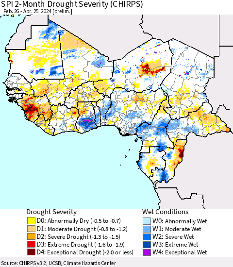 Western Africa SPI 2-Month Drought Severity (CHIRPS) Thematic Map For 2/26/2024 - 4/25/2024