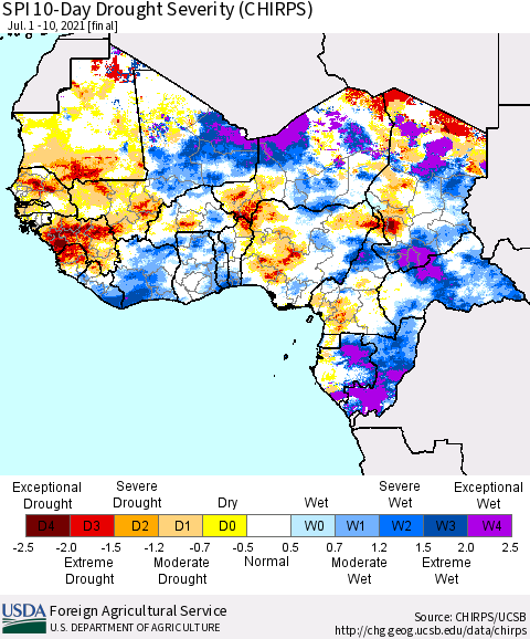 Western Africa SPI 10-Day Drought Severity (CHIRPS) Thematic Map For 7/1/2021 - 7/10/2021