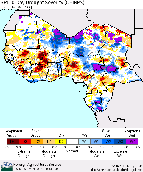 Western Africa SPI 10-Day Drought Severity (CHIRPS) Thematic Map For 7/6/2021 - 7/15/2021