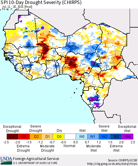 Western Africa SPI 10-Day Drought Severity (CHIRPS) Thematic Map For 7/11/2021 - 7/20/2021