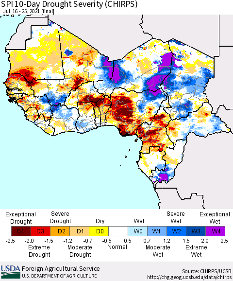 Western Africa SPI 10-Day Drought Severity (CHIRPS) Thematic Map For 7/16/2021 - 7/25/2021