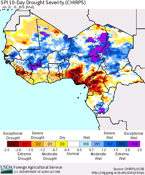 Western Africa SPI 10-Day Drought Severity (CHIRPS) Thematic Map For 7/21/2021 - 7/31/2021
