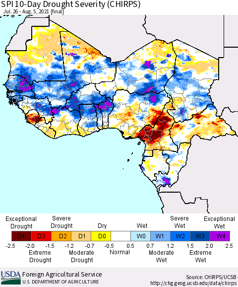 Western Africa SPI 10-Day Drought Severity (CHIRPS) Thematic Map For 7/26/2021 - 8/5/2021