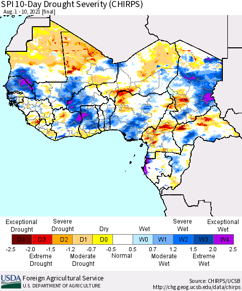 Western Africa SPI 10-Day Drought Severity (CHIRPS) Thematic Map For 8/1/2021 - 8/10/2021
