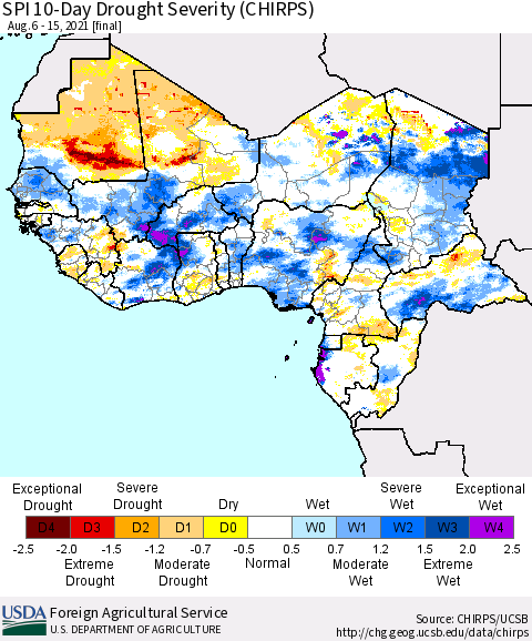 Western Africa SPI 10-Day Drought Severity (CHIRPS) Thematic Map For 8/6/2021 - 8/15/2021