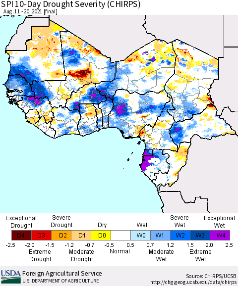 Western Africa SPI 10-Day Drought Severity (CHIRPS) Thematic Map For 8/11/2021 - 8/20/2021