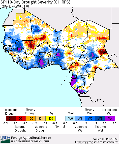 Western Africa SPI 10-Day Drought Severity (CHIRPS) Thematic Map For 8/16/2021 - 8/25/2021