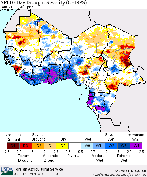 Western Africa SPI 10-Day Drought Severity (CHIRPS) Thematic Map For 8/21/2021 - 8/31/2021