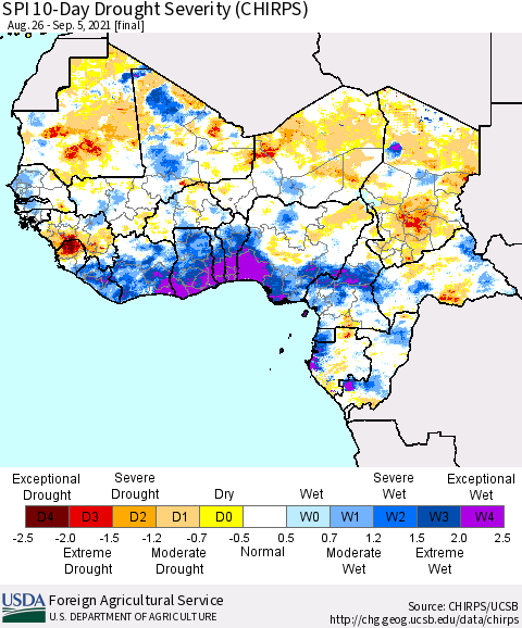 Western Africa SPI 10-Day Drought Severity (CHIRPS) Thematic Map For 8/26/2021 - 9/5/2021