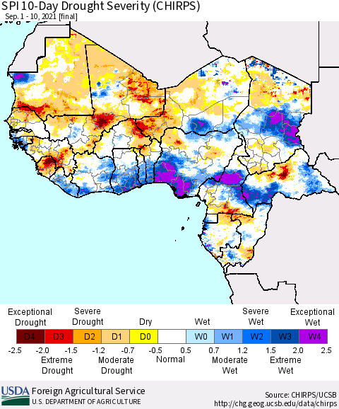 Western Africa SPI 10-Day Drought Severity (CHIRPS) Thematic Map For 9/1/2021 - 9/10/2021