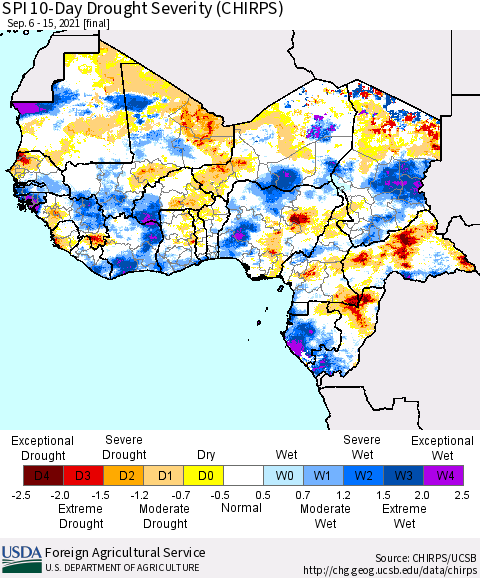 Western Africa SPI 10-Day Drought Severity (CHIRPS) Thematic Map For 9/6/2021 - 9/15/2021