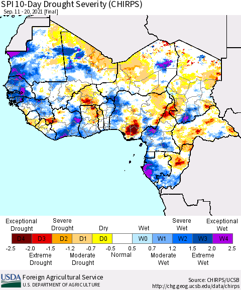 Western Africa SPI 10-Day Drought Severity (CHIRPS) Thematic Map For 9/11/2021 - 9/20/2021