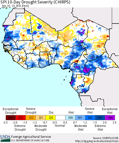 Western Africa SPI 10-Day Drought Severity (CHIRPS) Thematic Map For 9/16/2021 - 9/25/2021
