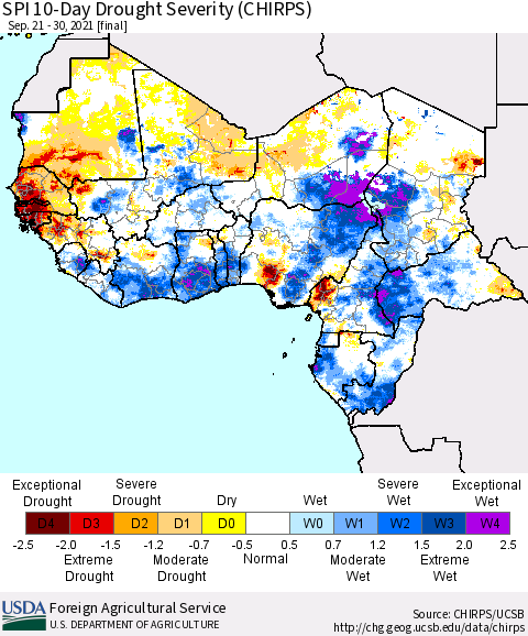 Western Africa SPI 10-Day Drought Severity (CHIRPS) Thematic Map For 9/21/2021 - 9/30/2021