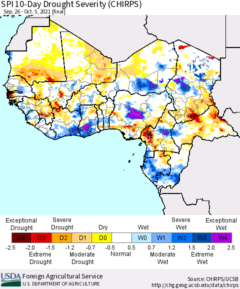 Western Africa SPI 10-Day Drought Severity (CHIRPS) Thematic Map For 9/26/2021 - 10/5/2021