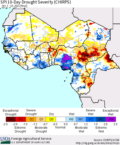 Western Africa SPI 10-Day Drought Severity (CHIRPS) Thematic Map For 10/1/2021 - 10/10/2021