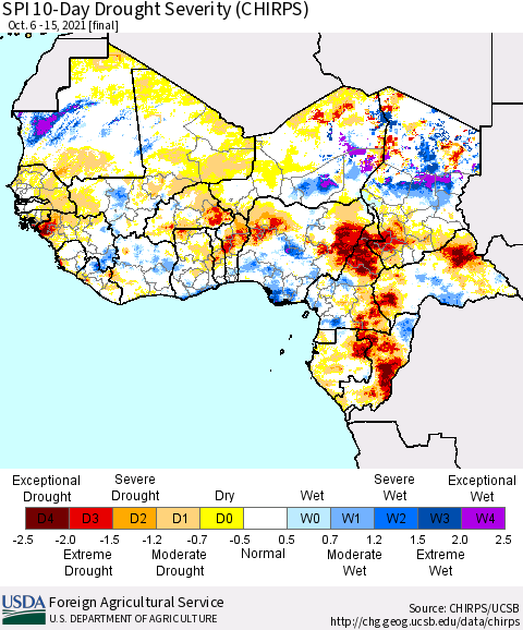 Western Africa SPI 10-Day Drought Severity (CHIRPS) Thematic Map For 10/6/2021 - 10/15/2021