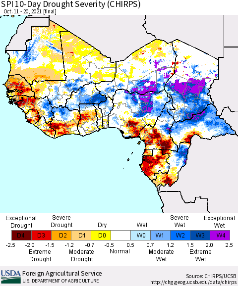 Western Africa SPI 10-Day Drought Severity (CHIRPS) Thematic Map For 10/11/2021 - 10/20/2021