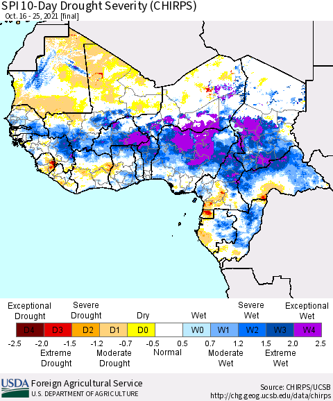 Western Africa SPI 10-Day Drought Severity (CHIRPS) Thematic Map For 10/16/2021 - 10/25/2021