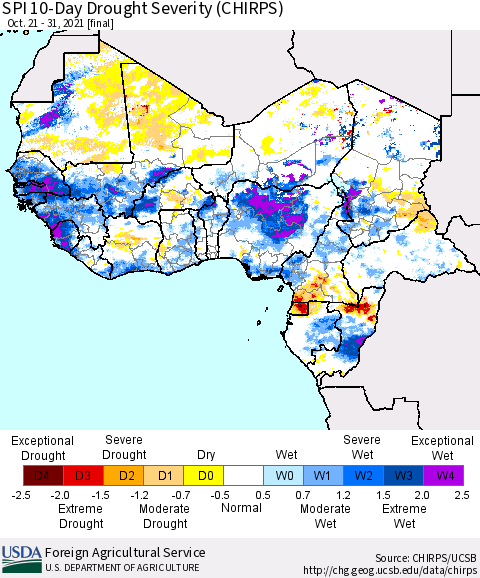 Western Africa SPI 10-Day Drought Severity (CHIRPS) Thematic Map For 10/21/2021 - 10/31/2021