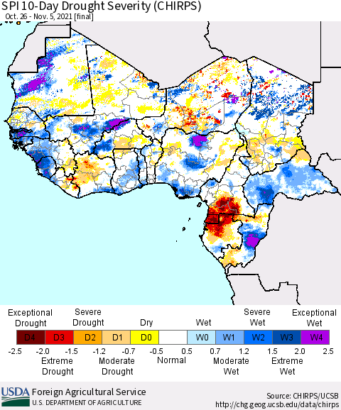 Western Africa SPI 10-Day Drought Severity (CHIRPS) Thematic Map For 10/26/2021 - 11/5/2021