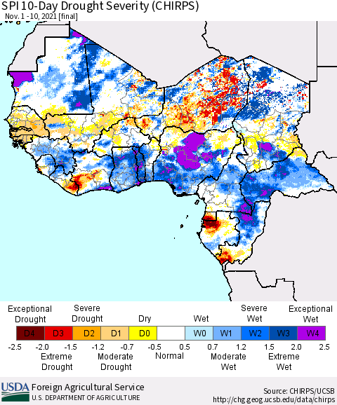 Western Africa SPI 10-Day Drought Severity (CHIRPS) Thematic Map For 11/1/2021 - 11/10/2021