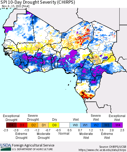 Western Africa SPI 10-Day Drought Severity (CHIRPS) Thematic Map For 11/6/2021 - 11/15/2021