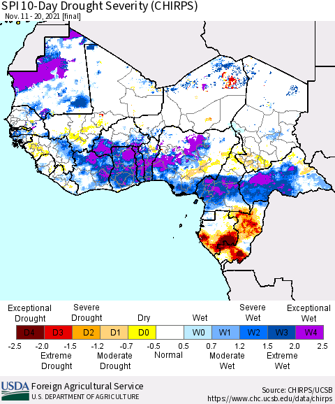 Western Africa SPI 10-Day Drought Severity (CHIRPS) Thematic Map For 11/11/2021 - 11/20/2021