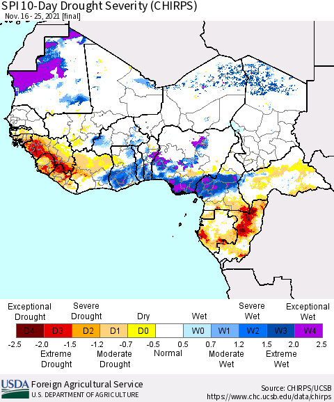 Western Africa SPI 10-Day Drought Severity (CHIRPS) Thematic Map For 11/16/2021 - 11/25/2021