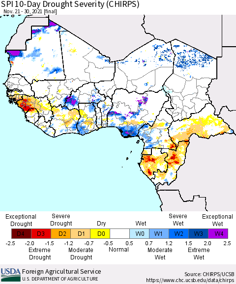 Western Africa SPI 10-Day Drought Severity (CHIRPS) Thematic Map For 11/21/2021 - 11/30/2021