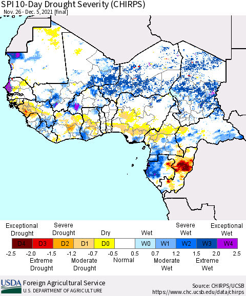 Western Africa SPI 10-Day Drought Severity (CHIRPS) Thematic Map For 11/26/2021 - 12/5/2021
