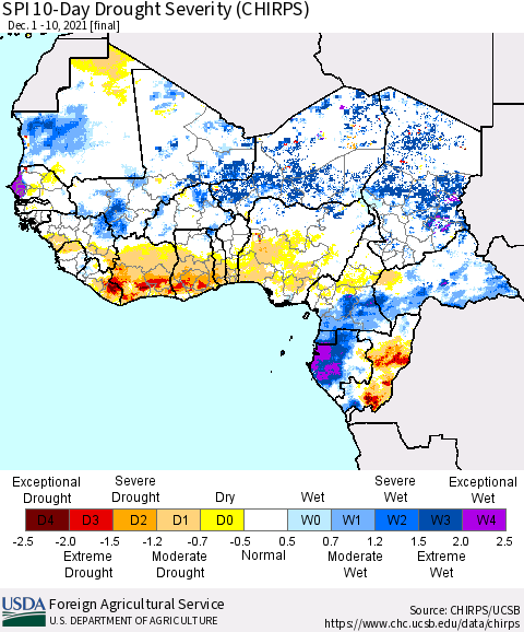 Western Africa SPI 10-Day Drought Severity (CHIRPS) Thematic Map For 12/1/2021 - 12/10/2021