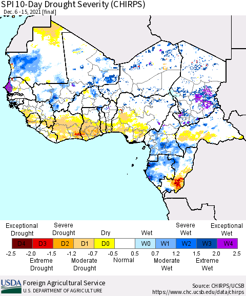 Western Africa SPI 10-Day Drought Severity (CHIRPS) Thematic Map For 12/6/2021 - 12/15/2021