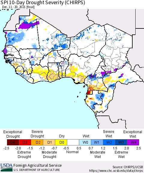 Western Africa SPI 10-Day Drought Severity (CHIRPS) Thematic Map For 12/11/2021 - 12/20/2021