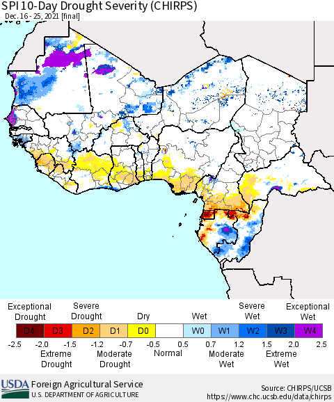 Western Africa SPI 10-Day Drought Severity (CHIRPS) Thematic Map For 12/16/2021 - 12/25/2021