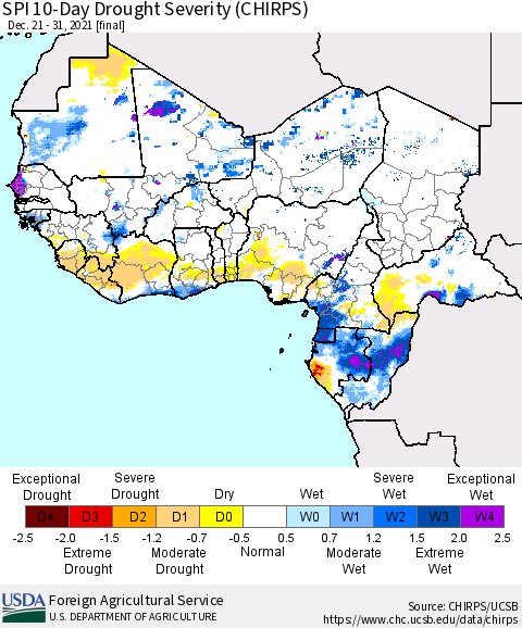 Western Africa SPI 10-Day Drought Severity (CHIRPS) Thematic Map For 12/21/2021 - 12/31/2021
