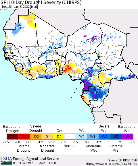 Western Africa SPI 10-Day Drought Severity (CHIRPS) Thematic Map For 12/26/2021 - 1/5/2022