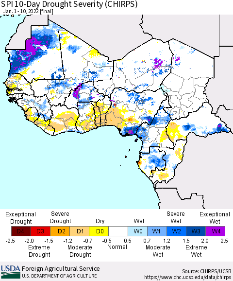 Western Africa SPI 10-Day Drought Severity (CHIRPS) Thematic Map For 1/1/2022 - 1/10/2022